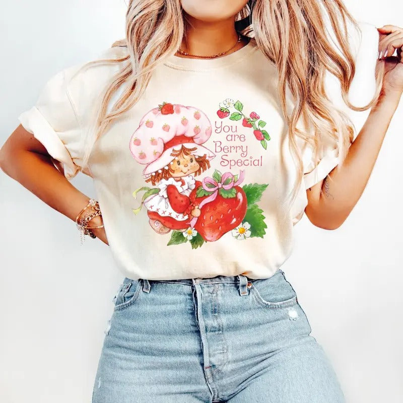 Strawberry & Character Print Top T-Shirt, y2k clothing Streetwear Womenswear Comfort Top Cotton Hoodie, Sweatshirt
