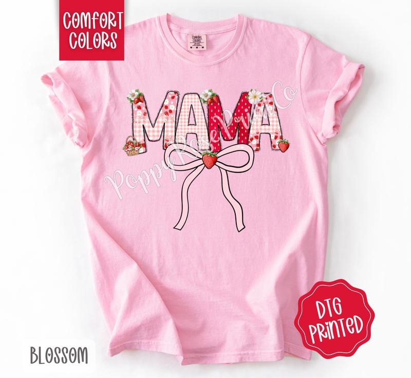 Strawberry Mama PINK Comfort Colors Shirt, Cute Summer Bow Tshirt Hoodie, Sweatshirt | ZylaModa.com