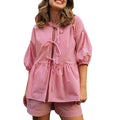 Women 2 Piece Outfits Plaid/Stripe Print Tie Front Short Sleeves Tops and Elastic Shorts Club Streetwear Casual Fashion...