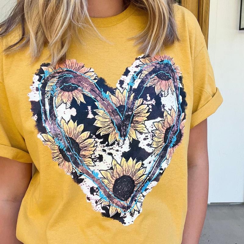 Sunflower and Turquoise Heart Graphic Tee Hoodie, Sweatshirt | ZylaModa.com