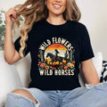 Sunset Cowgirl Riding Horse Wild Flowers - Wild Horses T-Shirt , Cotton, Crewneck, Top Womenswear Hoodie, Sweatshirt