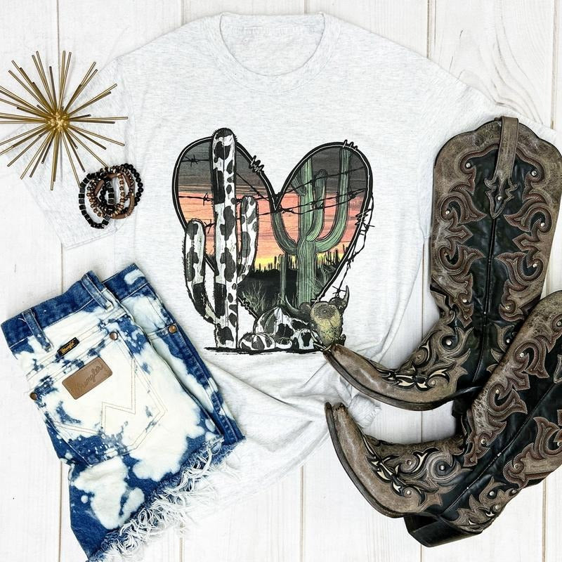 Sunset Heart Cow Cactus Graphic Tee Hoodie, Sweatshirt | ZylaModa.com