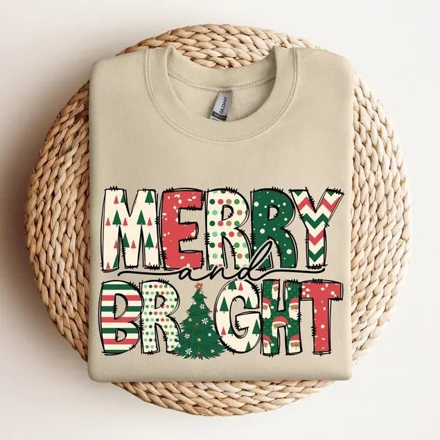 Merry and Bright Family Christmas Cotton T-shirt/Sweatshirt for Women - Unisex Style - Womenswear, Top Hoodie | ZylaModa.com