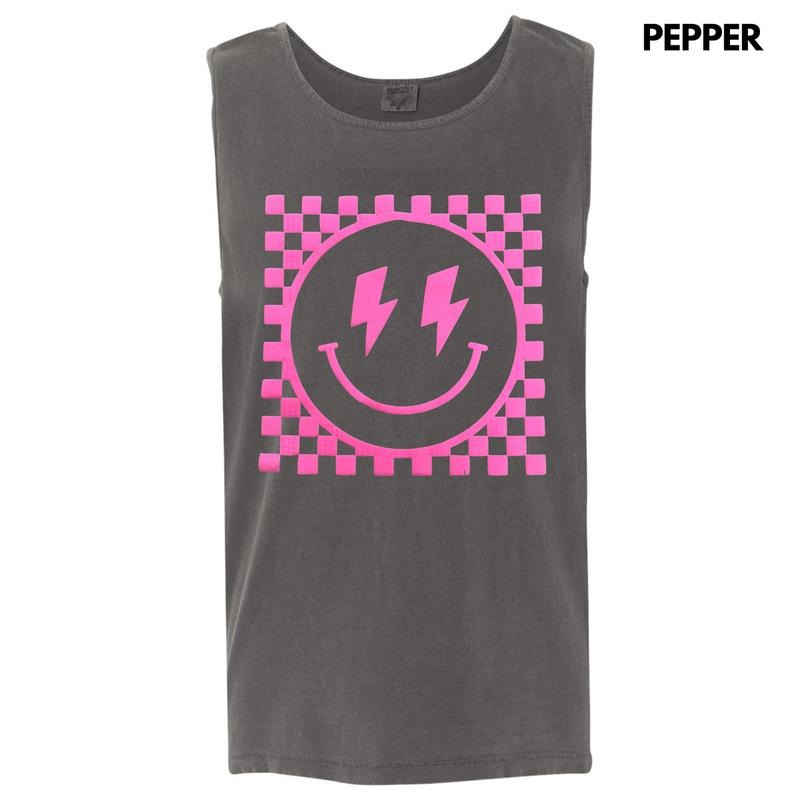 Tank Top - Pink PUFF Checkered Happy Face Comfort Colors Tank Top T-Shirts, Hoodie, Sweatshirt | ZylaModa.com
