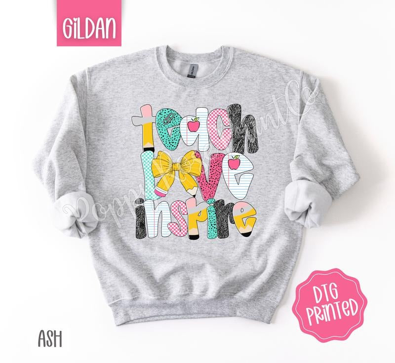 Teach Love Inspire Sweatshirt, Cute Teacher Sweater, Trendy Bow Crewneck, Gift for Her T-Shirts, Hoodie | ZylaModa.com