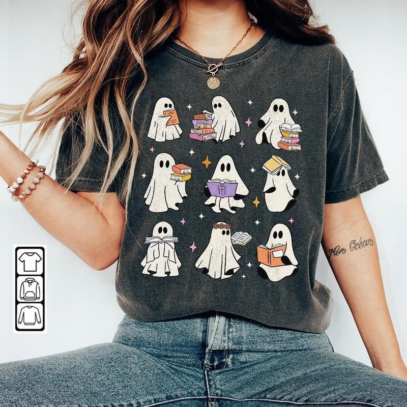 Teacher Ghost Reading Books Sweatshirt, Teacher Ghost Tee, Spooky Vibes Shirt, Trendy Halloween Gift Hoodie | ZylaModa.com