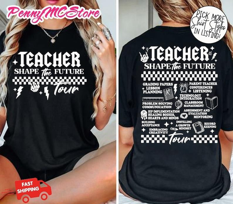 Teacher Shirt, Teacher Shape The Future Teacher World Tour Shirt, Rock N Roll Teach Tshirt, Last Day Of School...