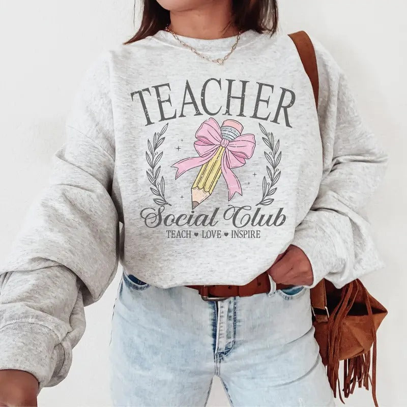 Teacher Social Club Sweatshirt, Teacher coquette bow, Back to School, New Teacher sweatshirt, SPED Teacher sweatshirt...