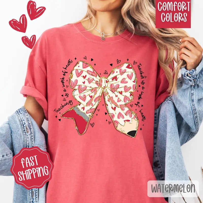 Teacher Valentine Bow Shirt Comfort Colors, Teacher Valentine's Day Women's Tee, Cute Women's Tshirt Hoodie, Sweatshirt