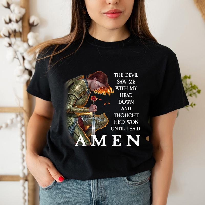 The Devil Saw Me With My Head Down and Thought He'd Won Until I Said Amen T-Shirt Casual Style Crew Neck Short Sleeve...