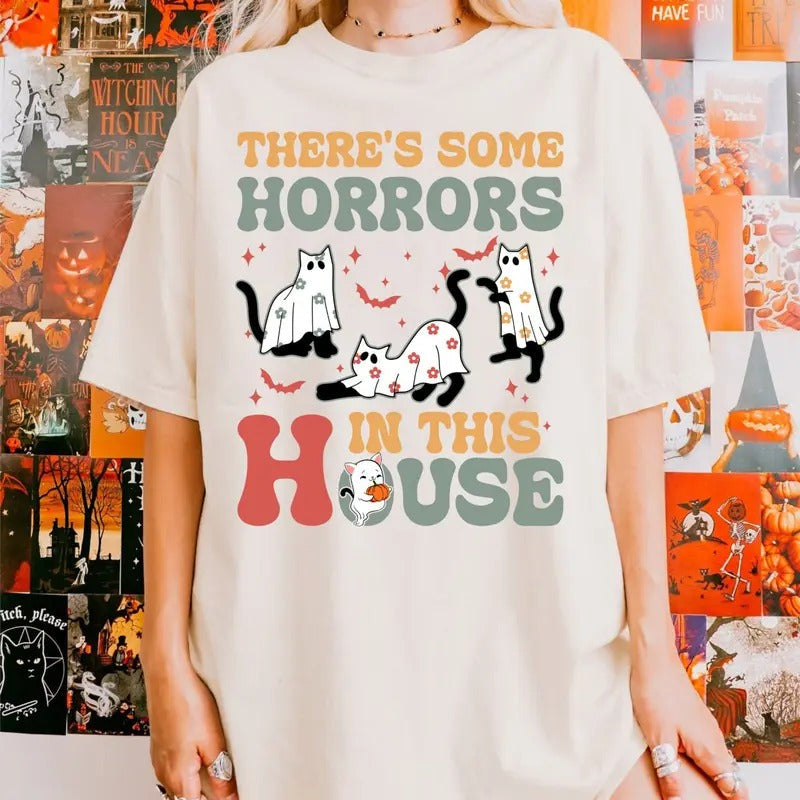 There's Some Horrors In This House Shirt Ghost Cats, Ghost Cats Shirt, Funny Halloween Tee Hoodie, Sweatshirt | ZylaModa.com