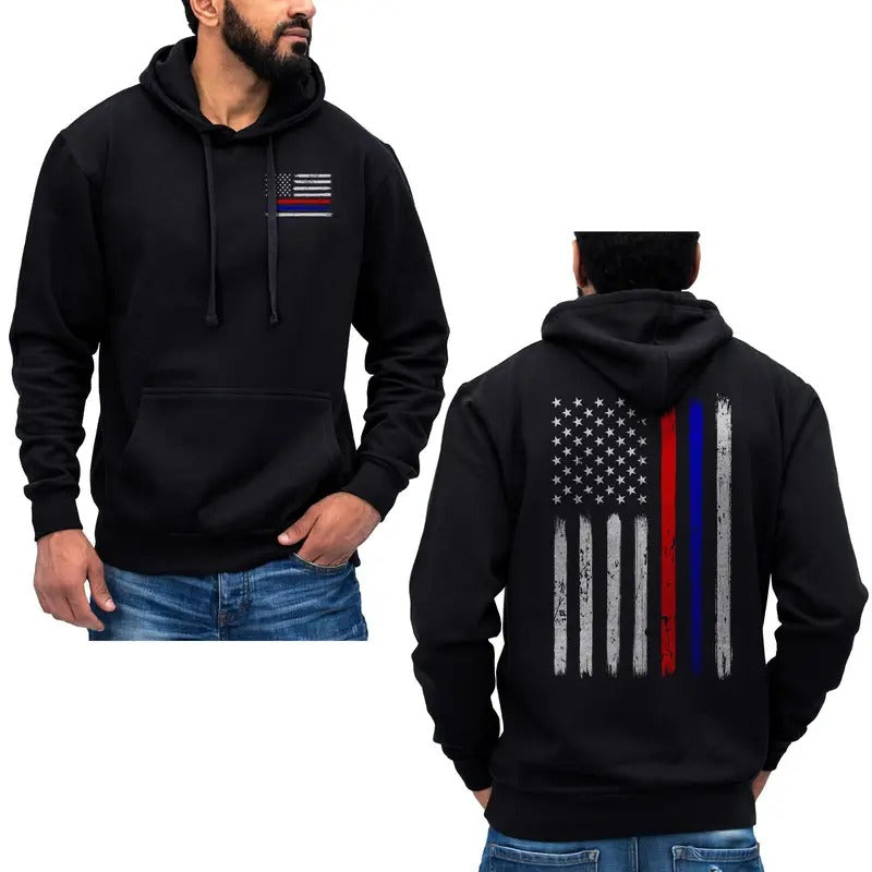 Thin Red & Blue Line Vertical Brushed Flag Police Hoodie Sweatshirt Cotton Fabric T-Shirts | ZylaModa.com
