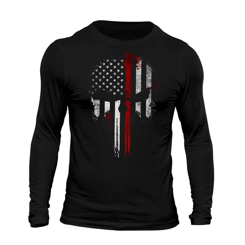 Thin Red Line Flag Skull USA Firefighter Long Sleeve Men's T-Shirt Casual Classic Hoodie, Sweatshirt | ZylaModa.com