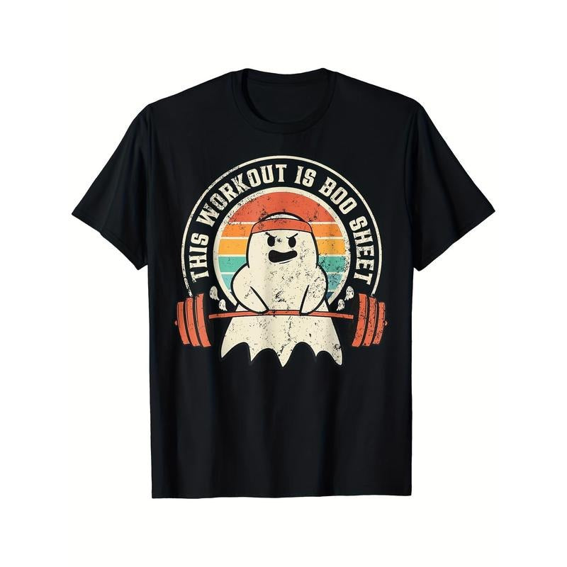 This Workout Is Boo Sheet Funny Halloween Ghost Exercise Gym Printed T-shirt Comfortable Breathable, Soft, Casual Short...