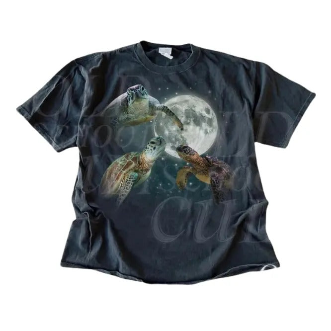 Three Turtles Vintage 90s Graphic T-shirts, Retro Turtle Moon Tshirt, Turtle Lovers, Relaxed Unisex Washed Fun Tee, Funny...