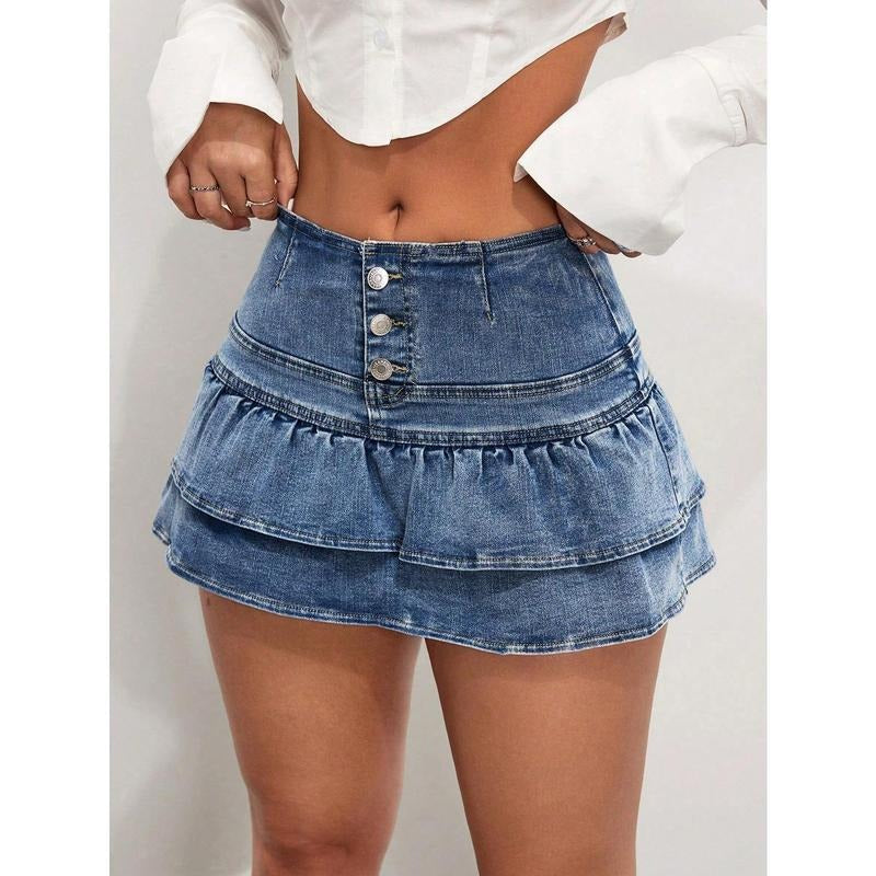 Tiered Layer Ruffle Denim Skorts Y2k Button Front Mini Skirt Shorts T-Shirts, Hoodie, Sweatshirt | ZylaModa.com