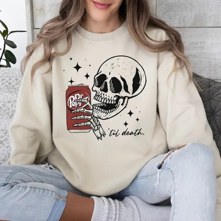 Till Death Dr. Pepper Sweatshirt, Skeleton Sweatshirt T-Shirts, Hoodie | ZylaModa.com