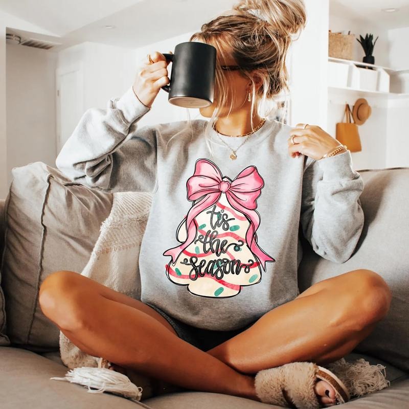 Tis The Season Christmas Tree Shirt, Christmas Tree Cake Sweatshirt, Coquette Bow Christmas Tee Shirt, Pink Christmas...