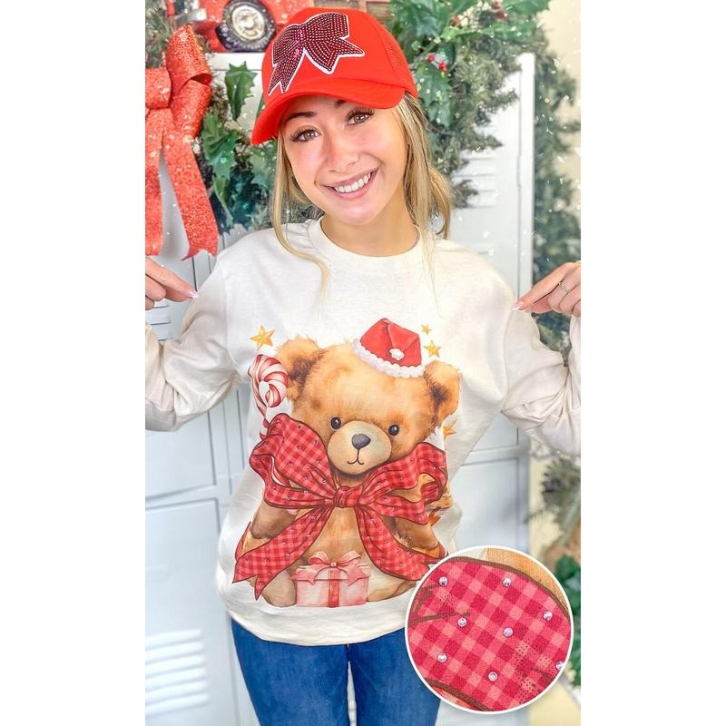 Toby Teddy Bear Christmas Rhinestone Graphic Long Sleeve T-Shirt Hoodie, Sweatshirt | ZylaModa.com