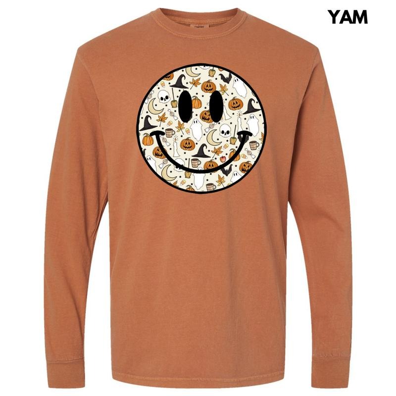 Toil & Trouble Halloween Happy Face Long Sleeve Comfort Colors T-Shirt 'NLB' Hoodie, Sweatshirt | ZylaModa.com