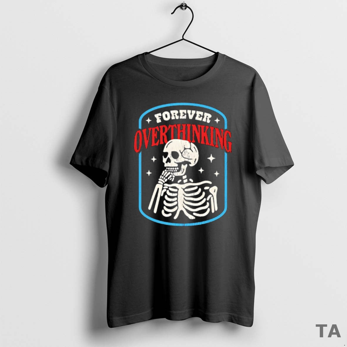 Top Skeleton Resting Chin On Forever Overthinking Vintage T Shirt Sweater Hoodie, Sweatshirt | ZylaModa.com
