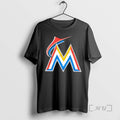 Trending Miami Marlins Logo Stylized Metallic Letter M With Red Blue Yellow Stripes Premium T-Shirts, Hoodie, Sweatshirt