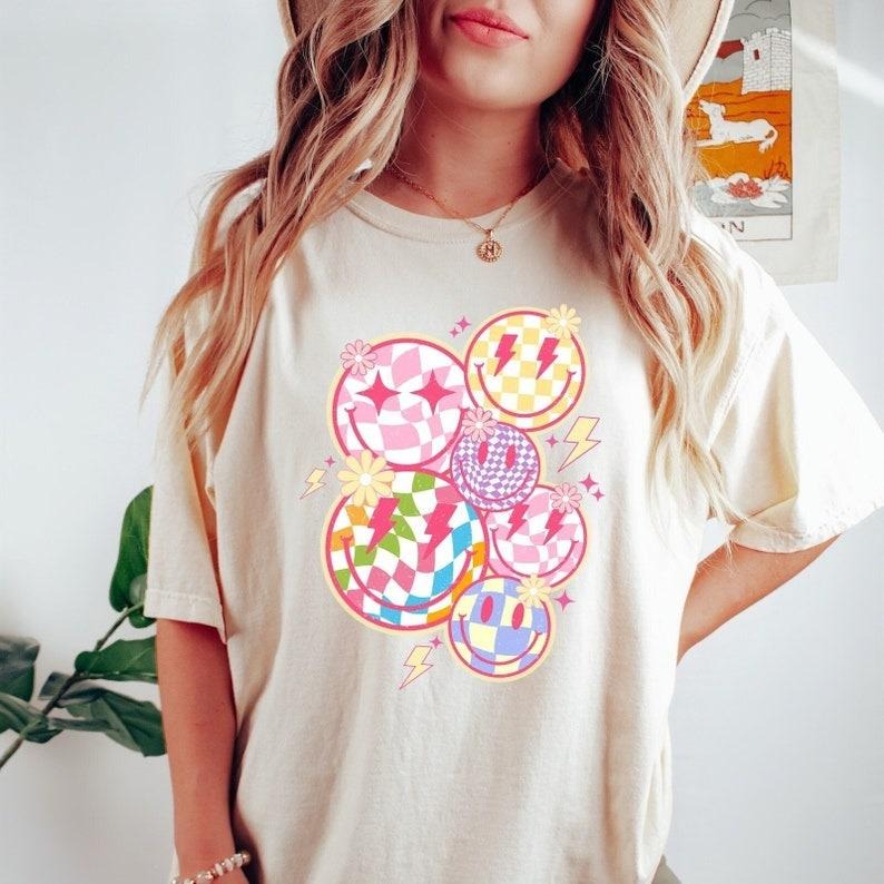 Trendy Checkered Smiley Face Tshirt, Checkered Smiley Face Shirt, Checkered Smile Face Sweatshirt, Gift For Her...