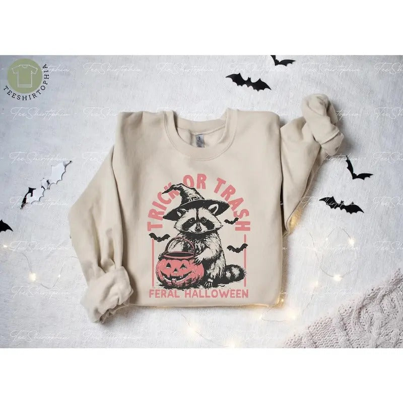 Trick or Trash Sweatshirt Womens Halloween Cotton Womenswear T-Shirts, Hoodie | ZylaModa.com