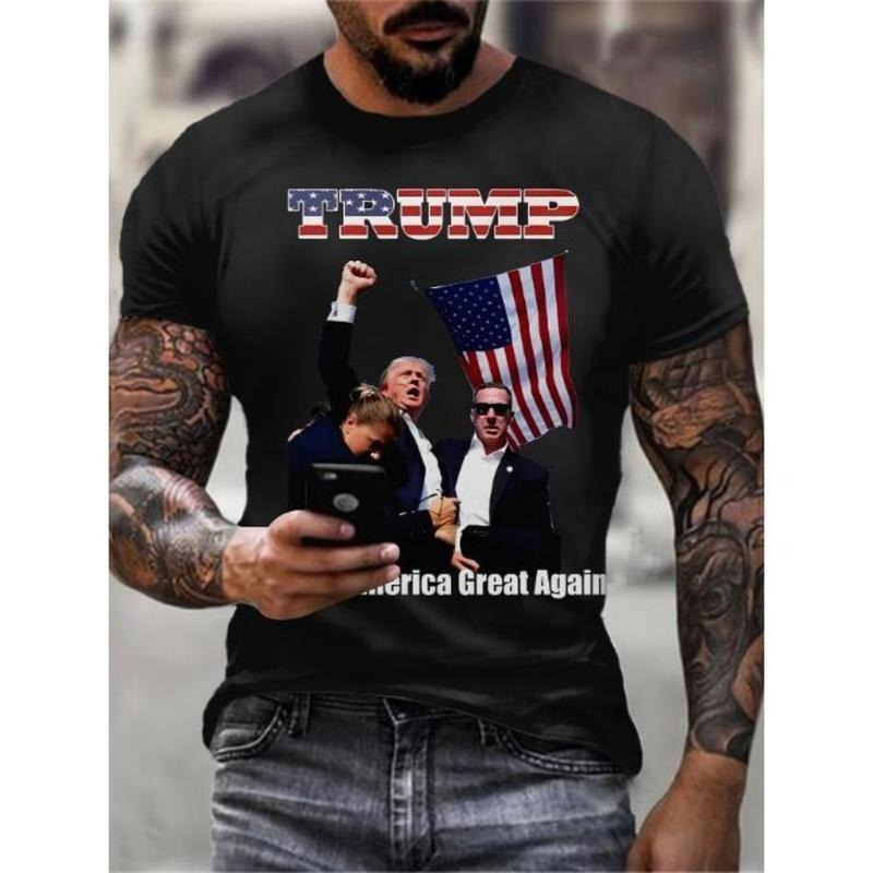 Trump Patriotic American Flag Print T-Shirt - Casual Crew Neck Polyester Tee with Slight Stretch, Knit Fabric