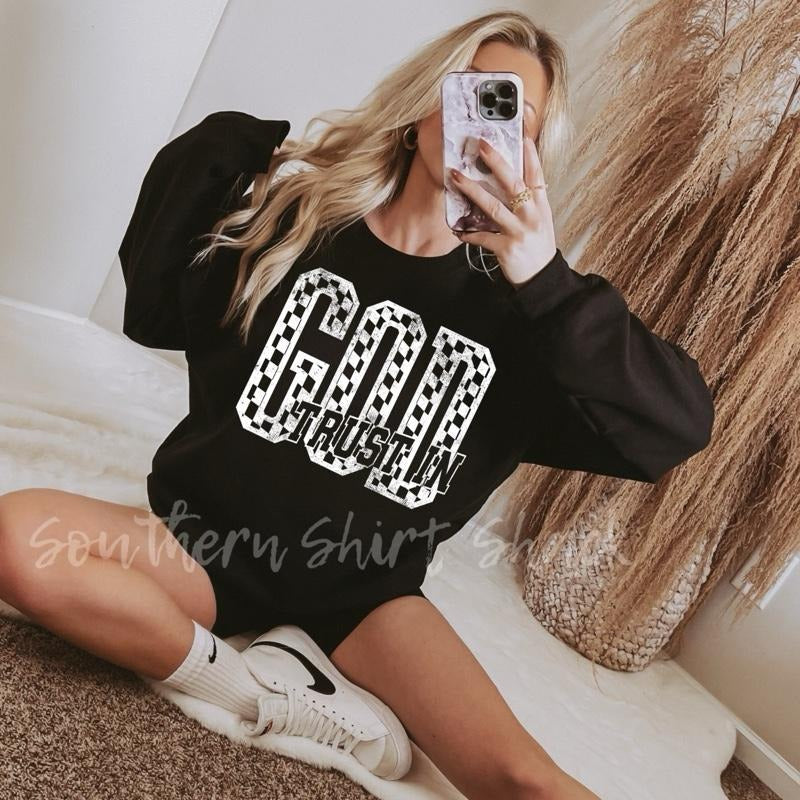Trust in God Checkered Sweatshirt | Black T-Shirts, Hoodie | ZylaModa.com