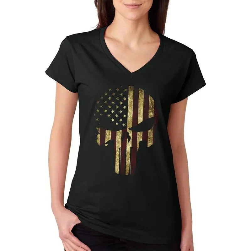 USA Flag Skull Patriotic Women's V-Neck T-Shirt Casual Comfort Hoodie, Sweatshirt | ZylaModa.com