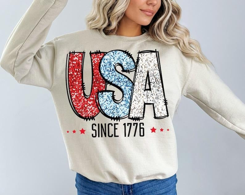 USA Since 1776 Faux Glitter, Fourth Of July, USA, America, Patriotic Flag, Independence Day  T-shirt, sweater and Hoodie...