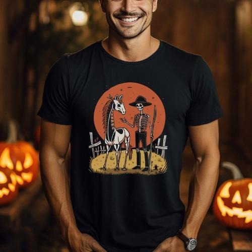 Unique Skeleton Cowboy and Horse T-Shirt, Western Halloween Sweatshirt, Unisex Graphic Tee, Spooky Apparel, Gift for...