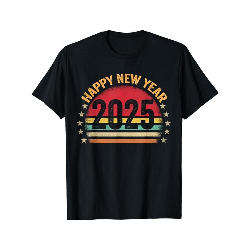 Unisex 2025 Happy New Year Graphic T-Shirt, Casual Crew Neck, Geometric Pattern, Cotton Blend Tee with Slight Stretch,...