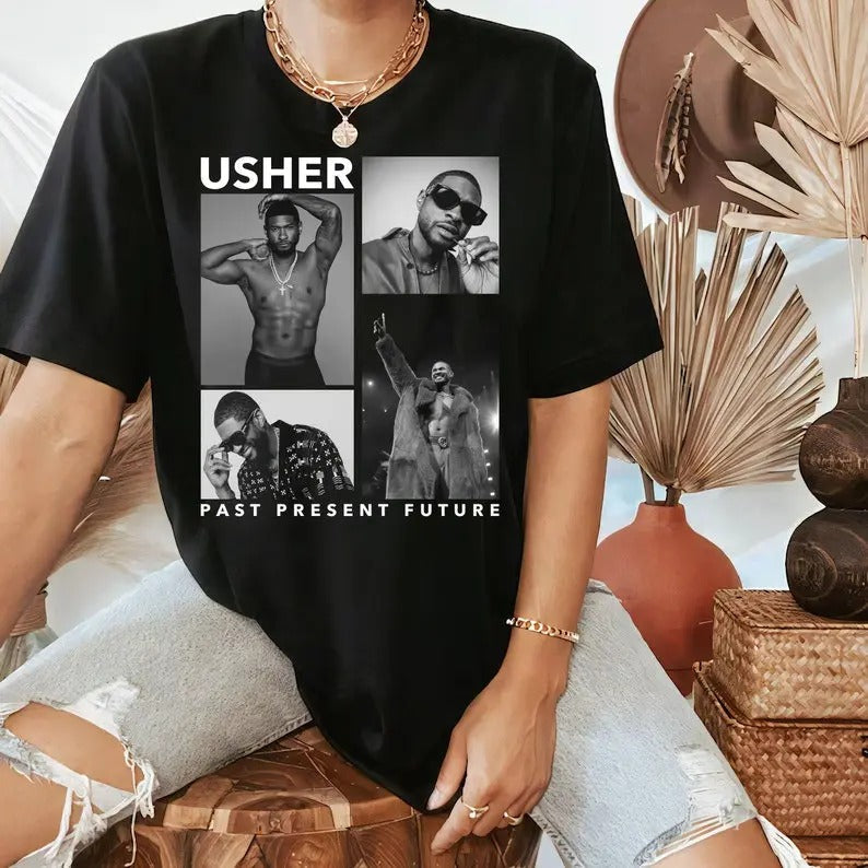 Usher 2024 Tour Past Present Future World Tour Usher Fan Merch Usher Concert World Tour Cotton Top T-Shirts, Hoodie,...