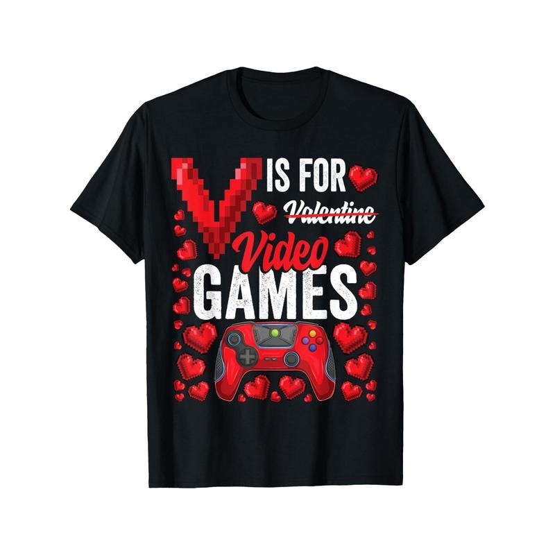 V Is For Valentine Video Games Men T-Shirts, Funny Valentine'S Day Novelty Graphic Printed Tee, Short Sleeve Valentine'S...