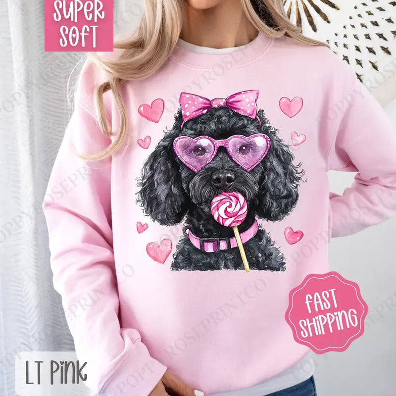 Valentine Black Doodle Sweatshirt, Valentine's Day Crewneck, Cute Women's Sweater T-Shirts, Hoodie | ZylaModa.com