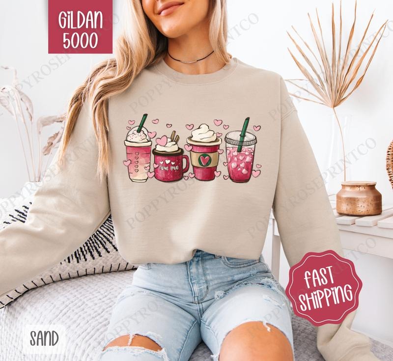Valentine Coffee Sweatshirt, Coffee Lover Crewneck, Cute Women's Sweater T-Shirts, Hoodie | ZylaModa.com