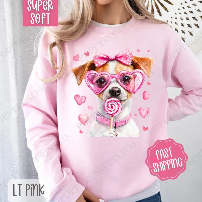 Valentine Jack Russell Sweatshirt, Valentine's Day Crewneck, Cute Women's Sweater T-Shirts, Hoodie | ZylaModa.com