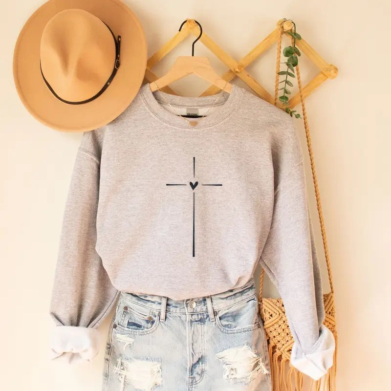 Vertical Cross Embroidered Sweatshirt,Christian Women Sweater,Cross with Heart Embroidery Tee, Jesus Clothing, Religious...