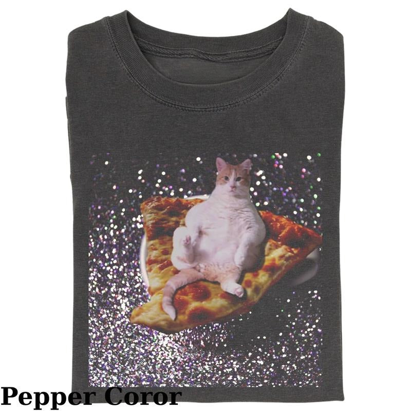 Vintage Cat Lying On Pizza In A Sky Of Glitter T-Shirt, Fantasy Kitten Tshirt, Cute Cat Shirt, Cool Cat Tshirt, Love Cat...