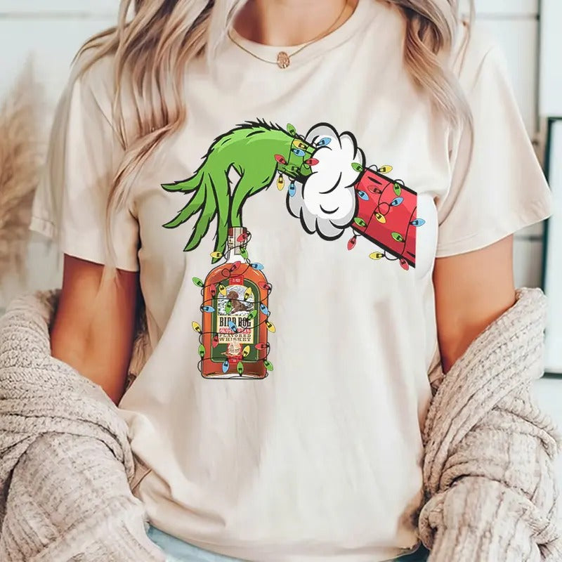 Vintage Christmas Shirt Grnnch Hand Holding Gingerbread whiskey Funny Christmas Drinking Tshirt Hoodie, Sweatshirt