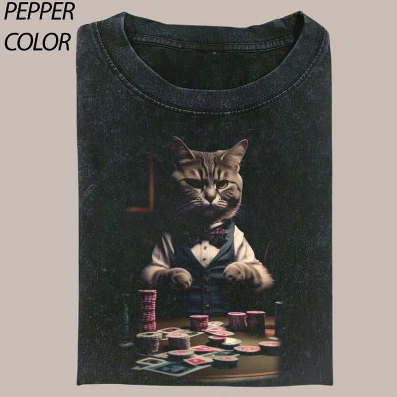 Vintage Cool Cat Playing Poker T-shirt, Cat Lover Tshirt, Meme Cringe Funny Dumb Shirts, Gambling Tee Gift For Boyfriend...