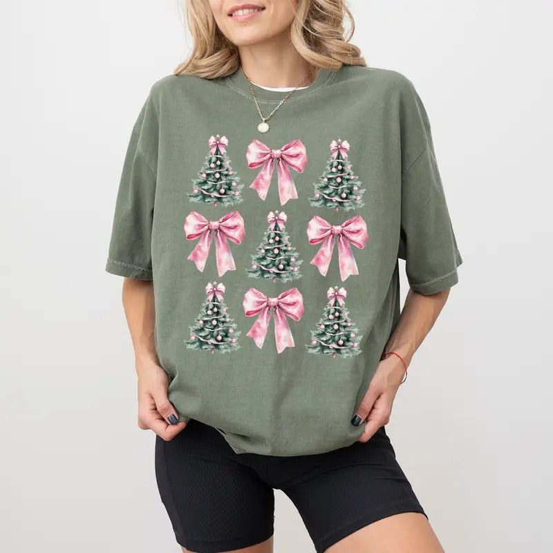 Vintage Coquette Bow Christmas Tree Shirt Comfort Colors, Cute Christmas Trees T-shirt, Pink Coquette Tee, Christmas...