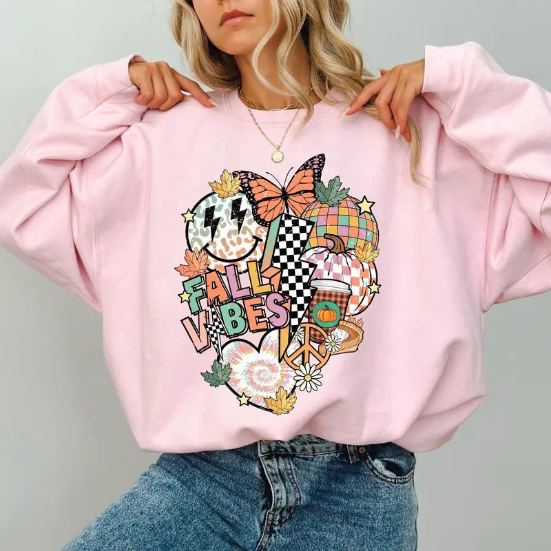 Vintage Groovy Fall Vibes Graphic Printed Sweatshirt, Retro Smile Face Crewneck, Hello Fall Sweatshirt, Girly Autumn...