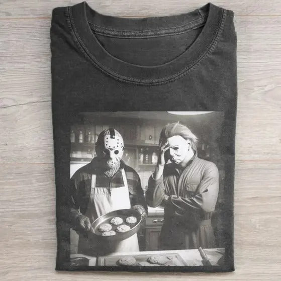 Vintage Halloween Chef Graphic T-shirt, Jason Voorhees X Michael Myers Tee, Horror Movie Shirt, Horror Character, Funny...