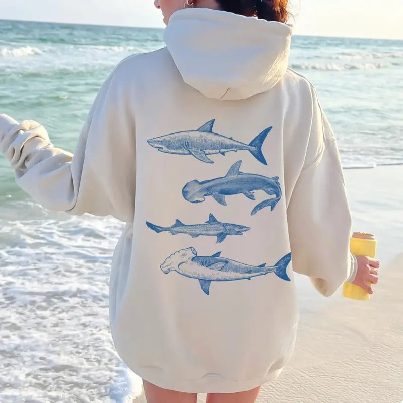 Vintage Shark Hoodie, Hammerhead Sweatshirt, Great White Hooded Sweater, Graphic Womenswear Shirt, Sea Creatures Clothing...