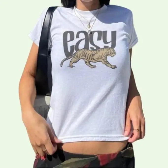 Vintage Tiger Baby Tee, Retro Inspired Easy Tiger Design, 90s Style Shirt, Y2K Fashion, Baby Tee, Cool Graphic T-Shirt,...