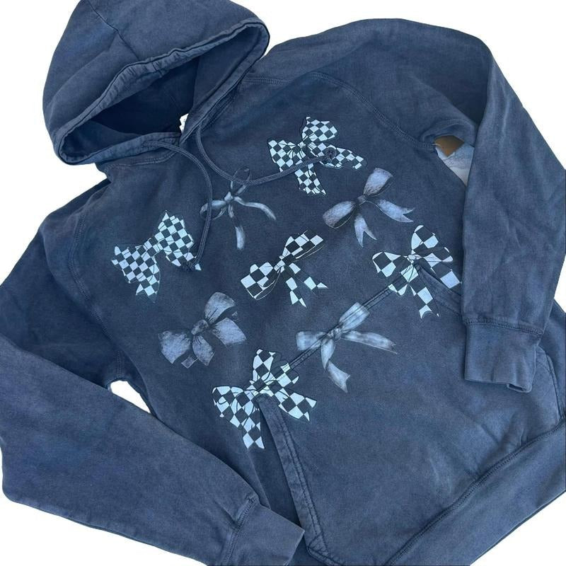 Vintage Washed Hoodie - Checkered Coquette Bows Black and white T-Shirts, Sweatshirt | ZylaModa.com
