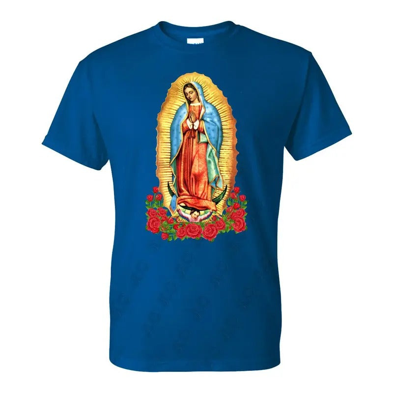 Virgen de Guadalupe Mens T-Shirt - Blue Cotton Crewneck with Virgin Mary Design Hoodie, Sweatshirt | ZylaModa.com